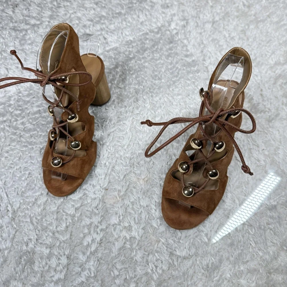 Rebecca Minkoff Shoes Womens Size 6M Brown Suede Lace Up Heels Gold Studs Block